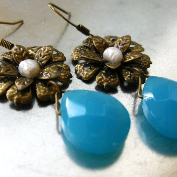 Antique Brass Flower, Seed Pearl & Aqua Blue Faceted Glass Teardrop Earrings - Picture 2 of 5